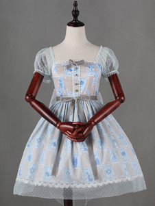 Sweet Lolita Robe Ligh Blue Velvet arcs lapin imprimé Alice Lolita robes manches courtes pure