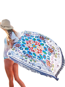 Blanc ronde Beach Blanket couverture Ups pompons impression Floral féminin