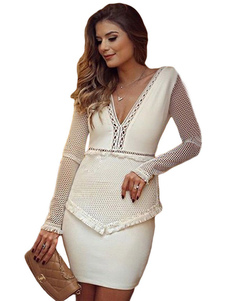 Blanc manches longues col v Net Bodycon robe Sexy de la Mini robe femme