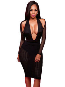 Club noir robes robe fourreau plongeant manches longues semi sheer féminin