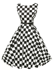Robe Vintage damier sans manches mi-longues femmes Flare robe avec ceinture