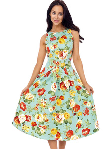 Robe Vintage Floral imprimé sans manches mi-longues femmes drapé robe rétro