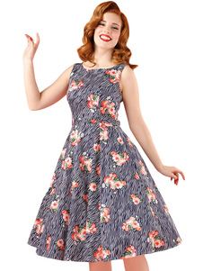 Robe Vintage marine genou imprimé Floral longueur robe froncée femmes