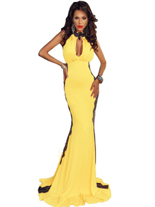 Jaune Keyhole étage longueur robe de la Maxi robe dentelle femme
