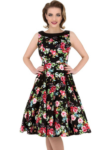 Imprimé Floral noir Vintage robe sans manches drapée du genou longueur robe rétro pour femmes