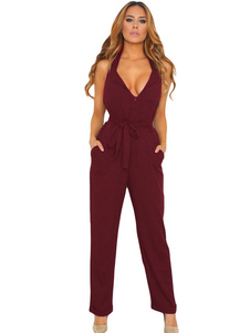 Sexy Wrap Jumpsuit V-Neck Sleeveless Long Jumpsuit In Straight Leg