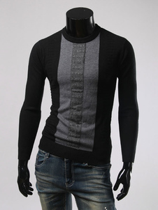 Noir manches longues contraste couleur tricot de Pullover Sweater hommes