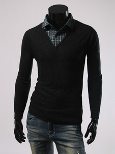 Noir Casual tricots pour hommes Patchwork Pullover chandail manches longues