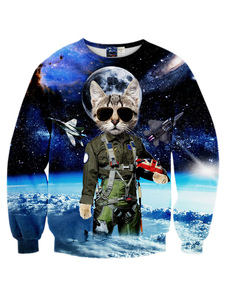 Manches longues Print Spacecat Casual Sweat-shirt bleu profond hommes en tête