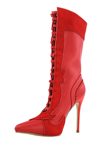 Bottes à talons hauts en cuir rouge a fait daim Patchwork Lace féminin Up bottes courtes