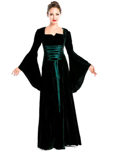 Costumes rétro Bell noir manches longues dentelle des femmes Maxi robe Vintage