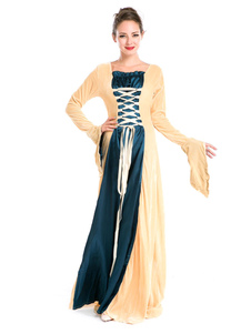 Costume rétro de femme jaune dentelle bicolore manches longues robe Maxi