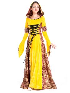 Costumes rétro jaune manches longues dentelle des femmes robe Maxi