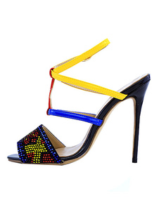Cuir couleur Slingback strass bloc santals de haut talon Bohème talon sandales féminines
