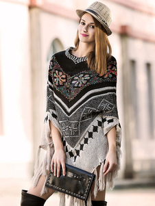 Oversize chandail demi-manchon Tassel Poncho pull en tricot