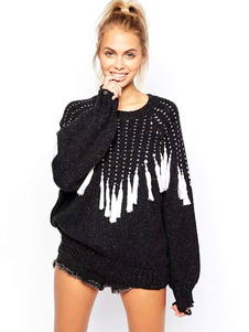 Black Knit Sweater Pullover pull pompons couleur bloc féminin