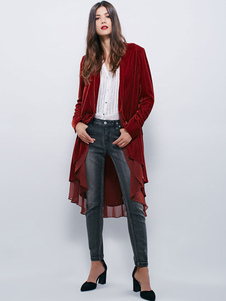Long Cardigan velours femmes volantée haut bas ouvert avant Outerwear