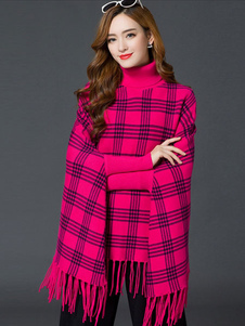 Rose rouge plaided Poncho pull féminin longue manches col tricoté Outwear avec frange