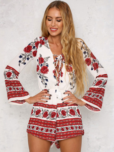 Boho Style manches longues col en v impression Floral barboteuses pour femmes