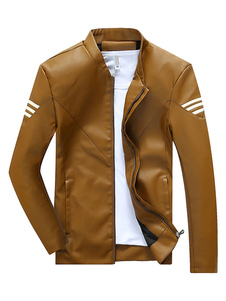 Carcajou Style veste SIMILI cuir masculin marron Zip Up rayé Slim Fit Veste Blouson court