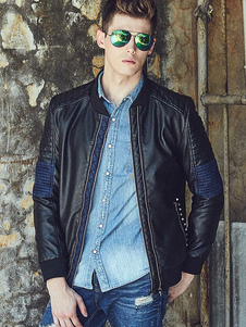 Veste homme en PU noir en patchwork avec rivet col montant