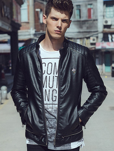 Veste homme en PU noir unicolore PU col montant