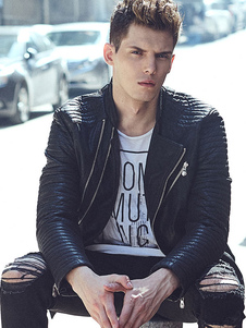 Veste homme en PU noir en patchwork PU col montant