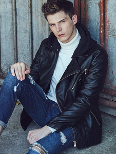 Veste homme en PU noir unicolore avec zip col à revers