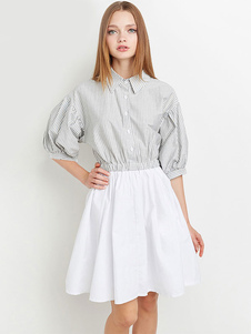 Shirt Dress Polo lanterne manchon Skater mince robe douce Vertical rayé femmes
