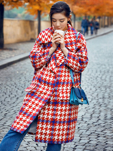 Manches longues à motif pied-de-poule Tweed poil Long Cocoon rouge manteau féminin