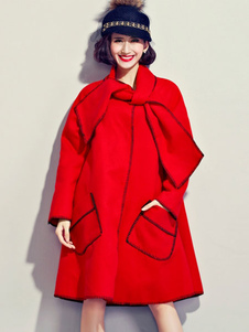 Oversize col noué poches Tweed décontractée Coat Cocoon rouge manteau féminin
