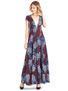 Robe longue en mousseline de soie Maxi Robe col en v manches courtes femmes imprimée