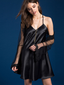 Robe de glissement Shift noir Robe col en v sans manches féminines