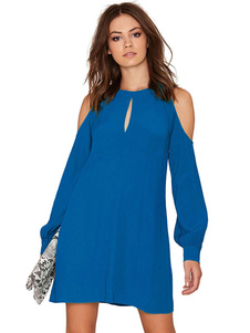 Robe en mousseline de soie bleue manches longues ouvertes épaule découpe Skater Backless robe