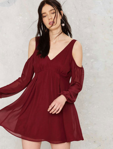 Bourgogne en mousseline de soie robe manches longues épaule ouvert taille haute robe de Skater