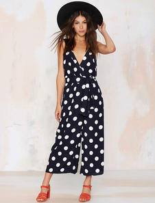Combinaison noire v-Neck Polka Dot jambes larges combinaison des femmes avec ceinture