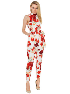 Red Jumpsuit Stand impression Floral collier taille haute jambe maigre Jumpsuit des femmes