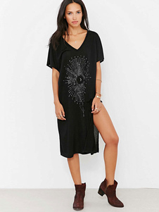 Maj noir Robe col en v manches courtes imprimé MLTD féminin