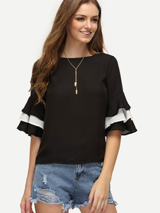 Mousseline de soie noirs chemisiers Falre manches volantée hauts Casual pour femmes