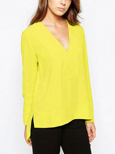 Manches longues T-shirt col v jaune haute basse Casual chemisiers