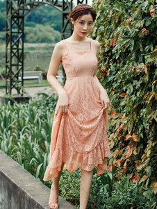 Maxi robe en dentelle rose robe sans manche plissé Slip ébouriffé féminin