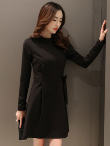 Robe évasé manches longues robe arcs noir plissé féminin
