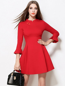 Skater rouge 3/4-longueur de robe évasé manches femmes du plissé jupe robe