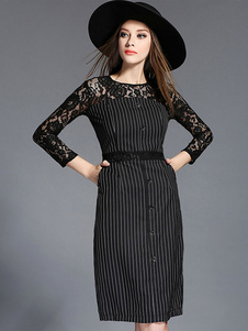 Robe Bodycon noire manches longues rayures robe fourreau dentelle Patchwork féminin