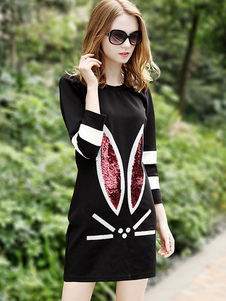 Maj noir robe lapin modèle 3/4-Length manches paillettes robe de coton féminin