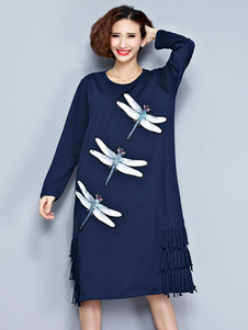 Blue Shift robe manches longues libellule glands surdimensionnés robe de coton féminin