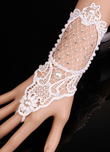 Gants de mariée perle blanc coton Net lacets Fingerless gants de mariée