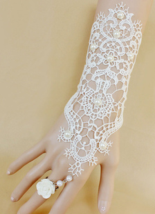 White Wedding gants dentelle coton Vintage Fingerless gants de mariée chaîne perle fleur accessoires