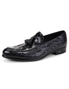 Chaussures habillées pour hommes noir gland rond plat Crocodile Pattern vachette cuir Slip