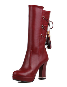 Chunky Heel Lace bottes talon haut plateforme féminine Up glands Round Toe bottes d’hiver